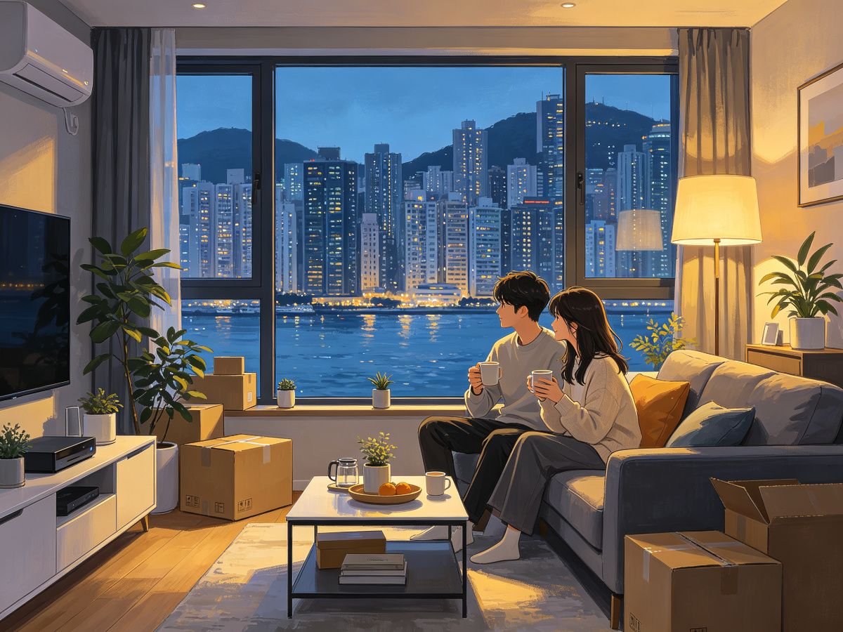 香港新搬家年轻夫妇维港海景客厅