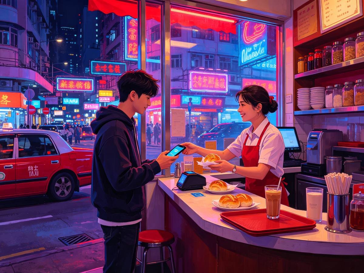 香港茶餐厅手机扫码付款生活场景