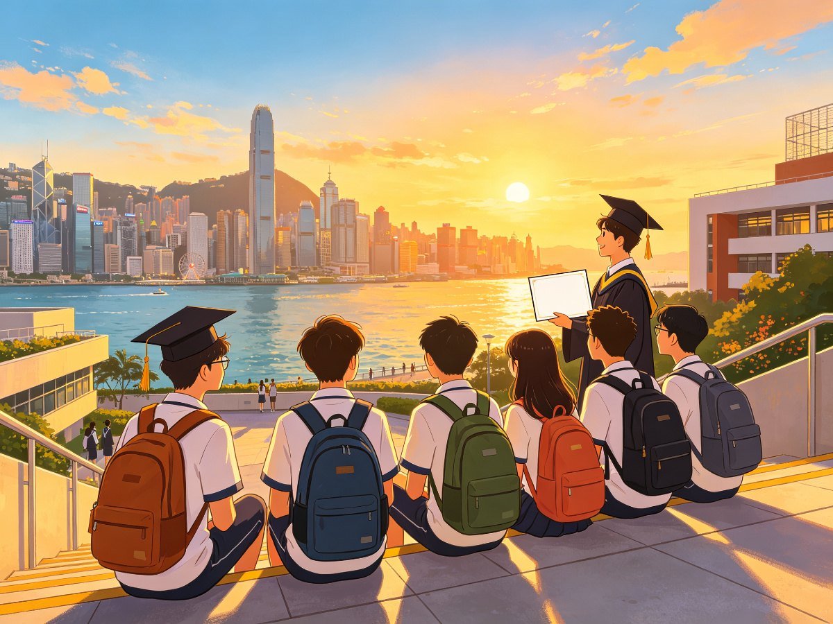 香港中学毕业生在校园台阶眺望维港 未来展望