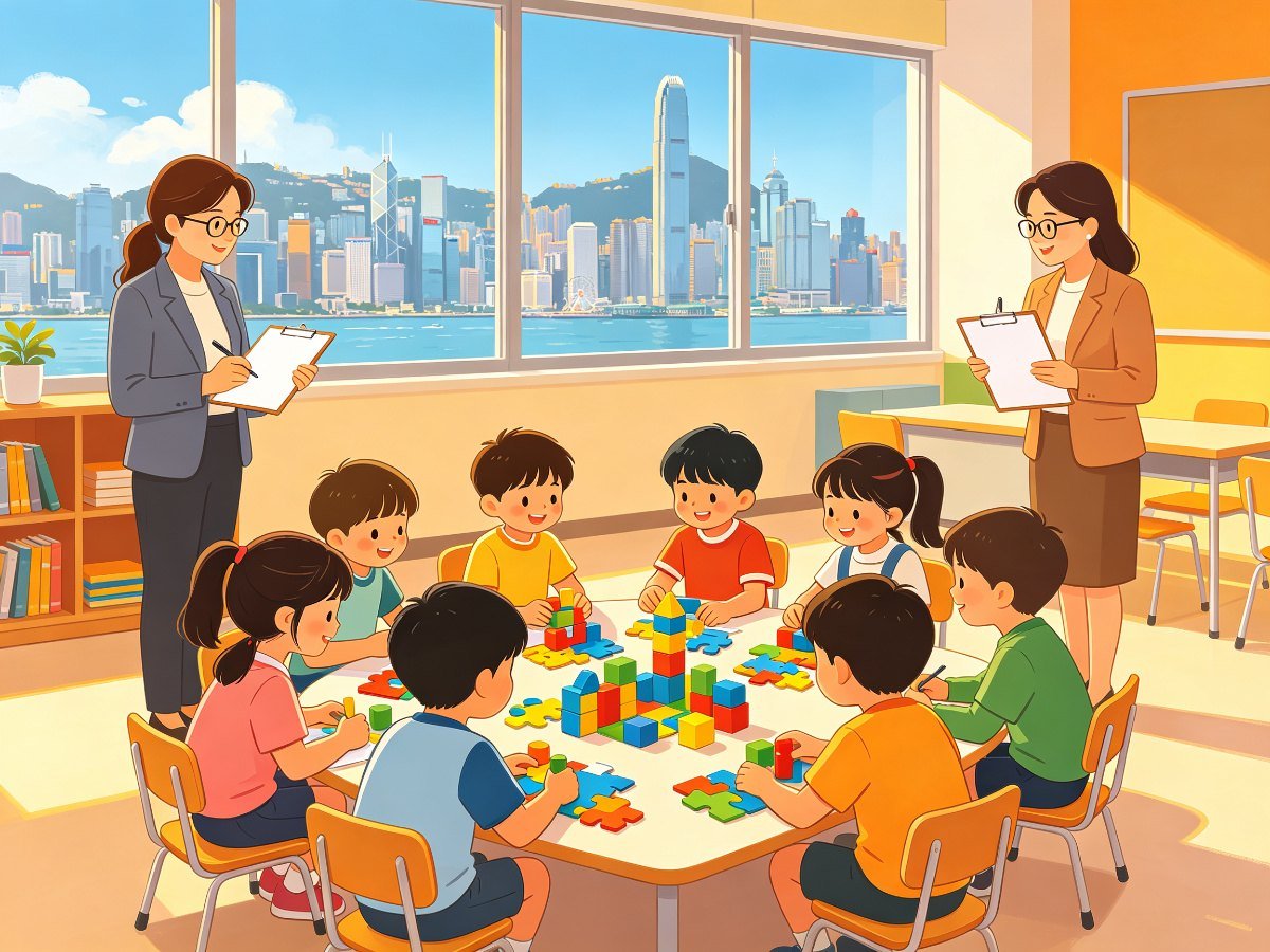 香港直资小学小组面试积木活动老师观察场景