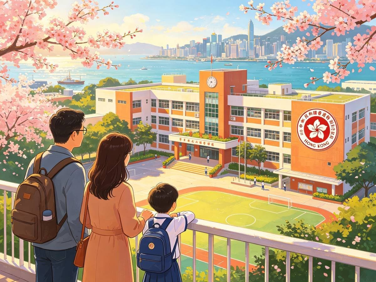 香港家庭带孩子看学校 樱花 操场 维港