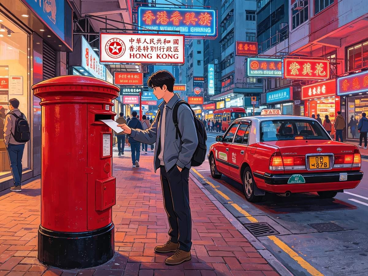 香港街头人物投信红色邮筒 红色出租车霓虹