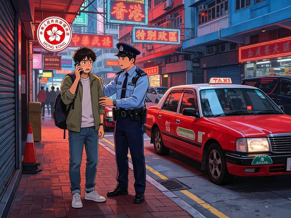 香港街头人物打电话警察帮忙 红色出租车霓虹