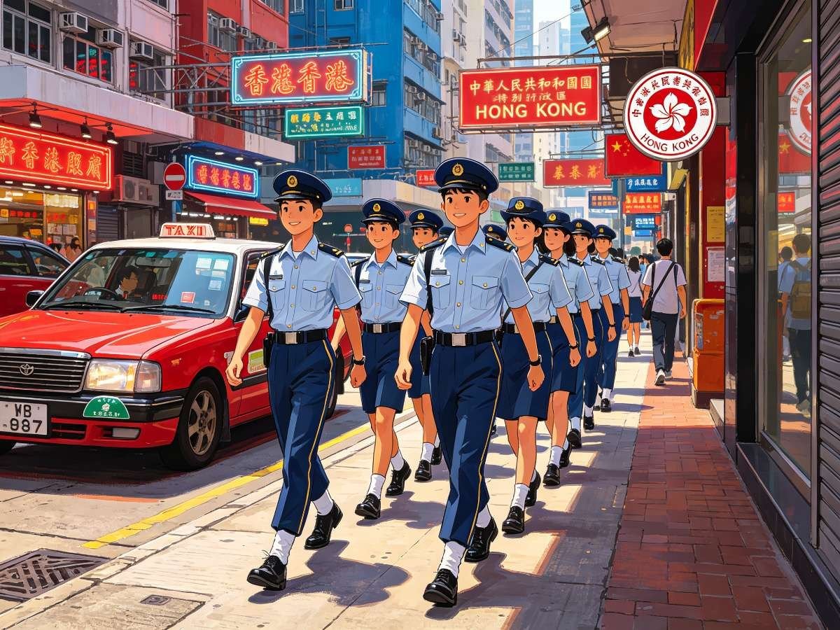香港制服团队青少年列队 红色出租车霓虹