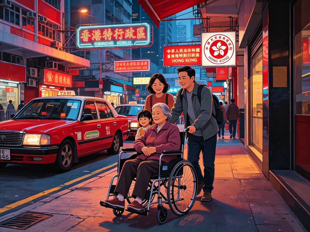 香港家庭推轮椅 红色出租车霓虹