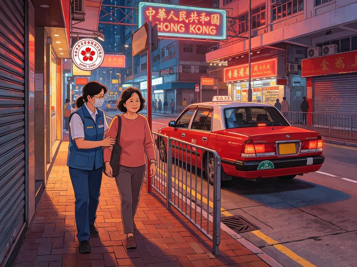 香港社工陪女士走路 红色出租车霓虹