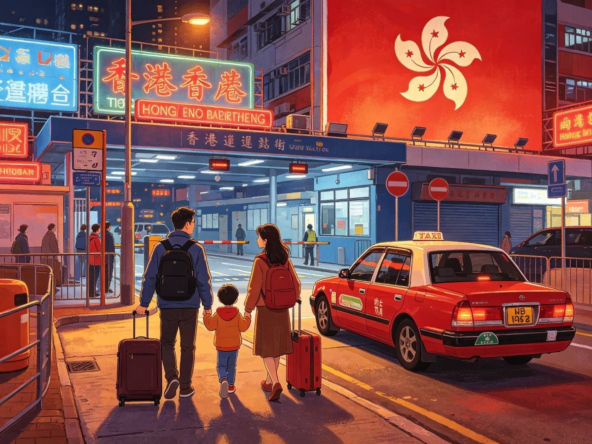 香港家庭拉行李 边界红色出租车霓虹