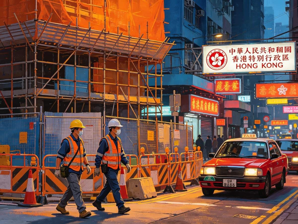 香港建筑工人走路 红色出租车霓虹