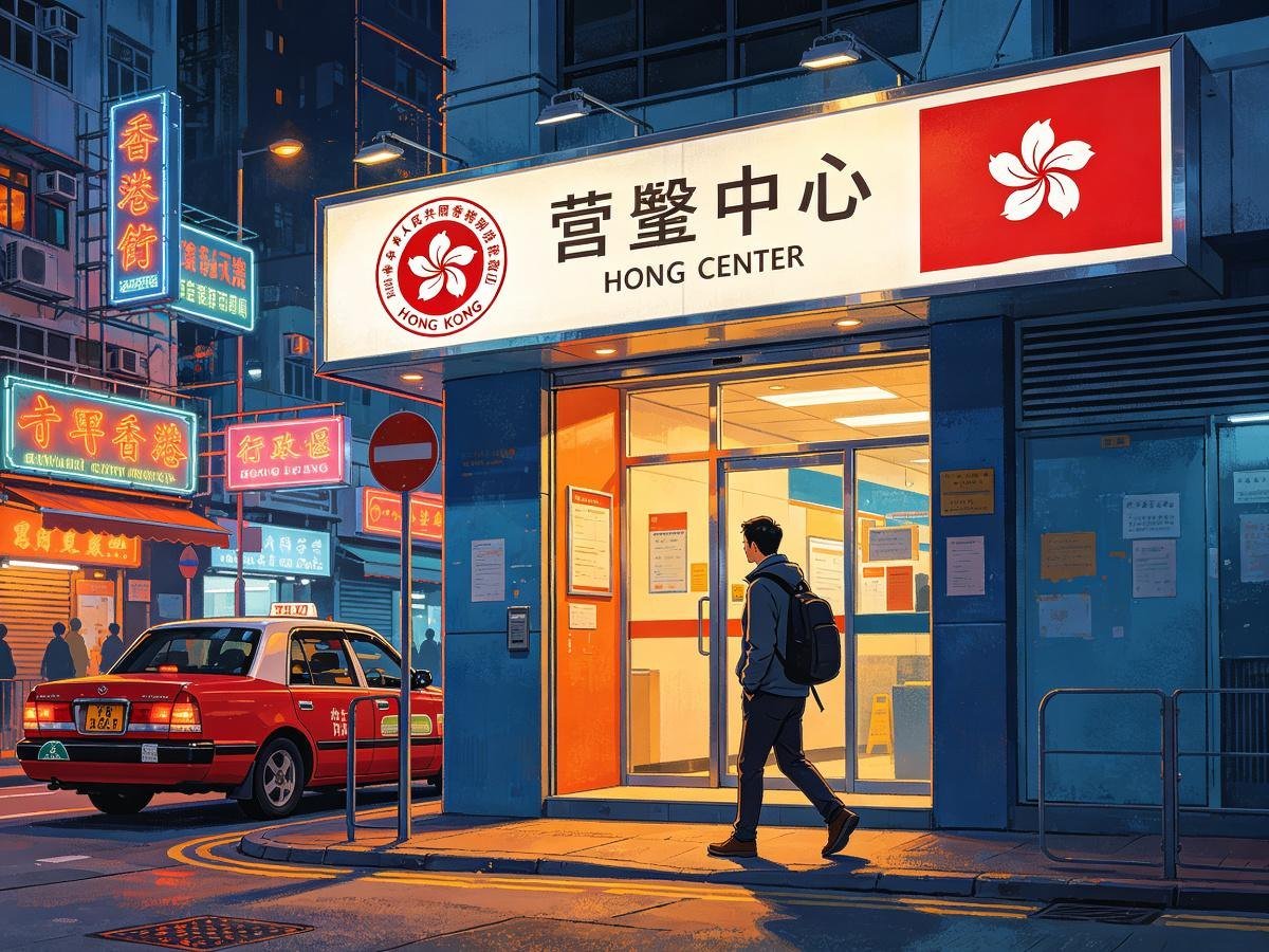 香港求职者走就业中心 红色出租车霓虹