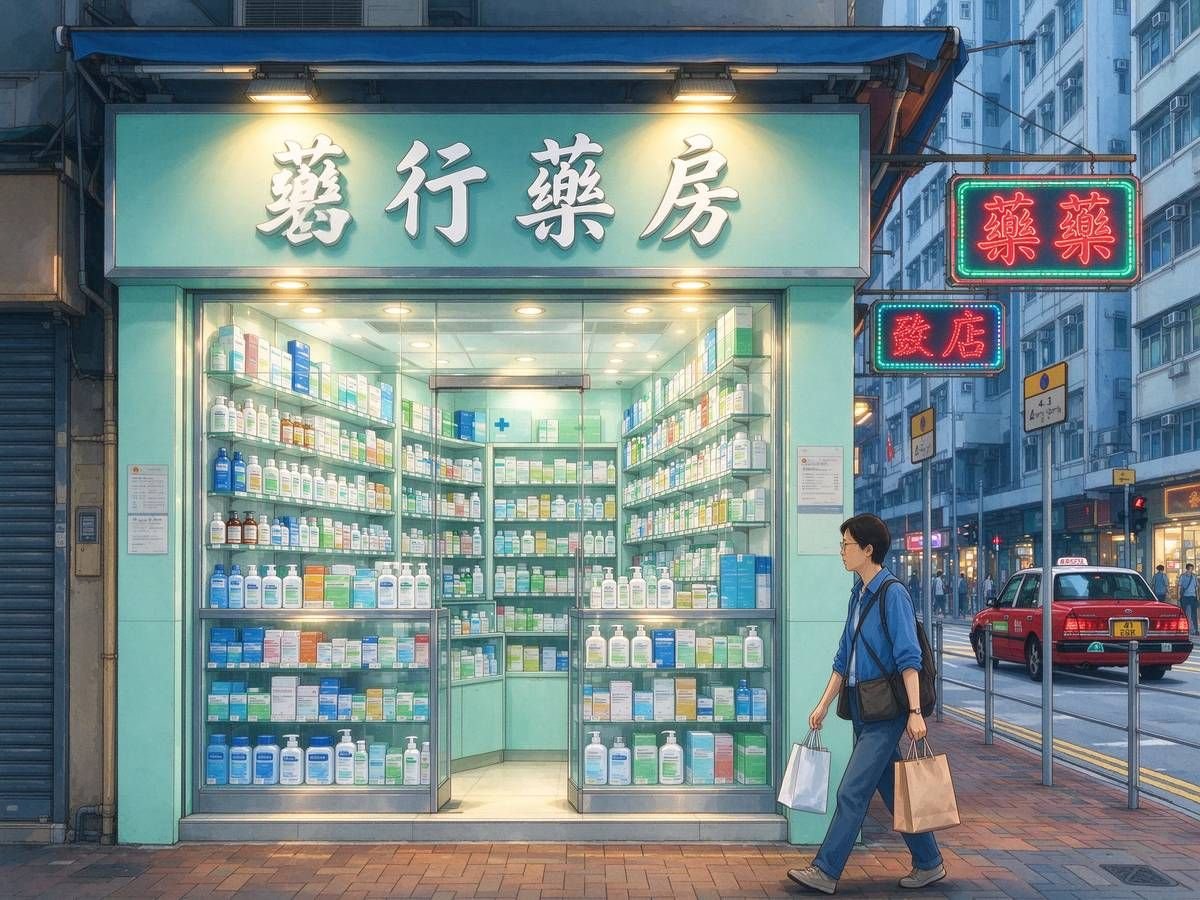 香港药房门口 霓虹灯红色出租车