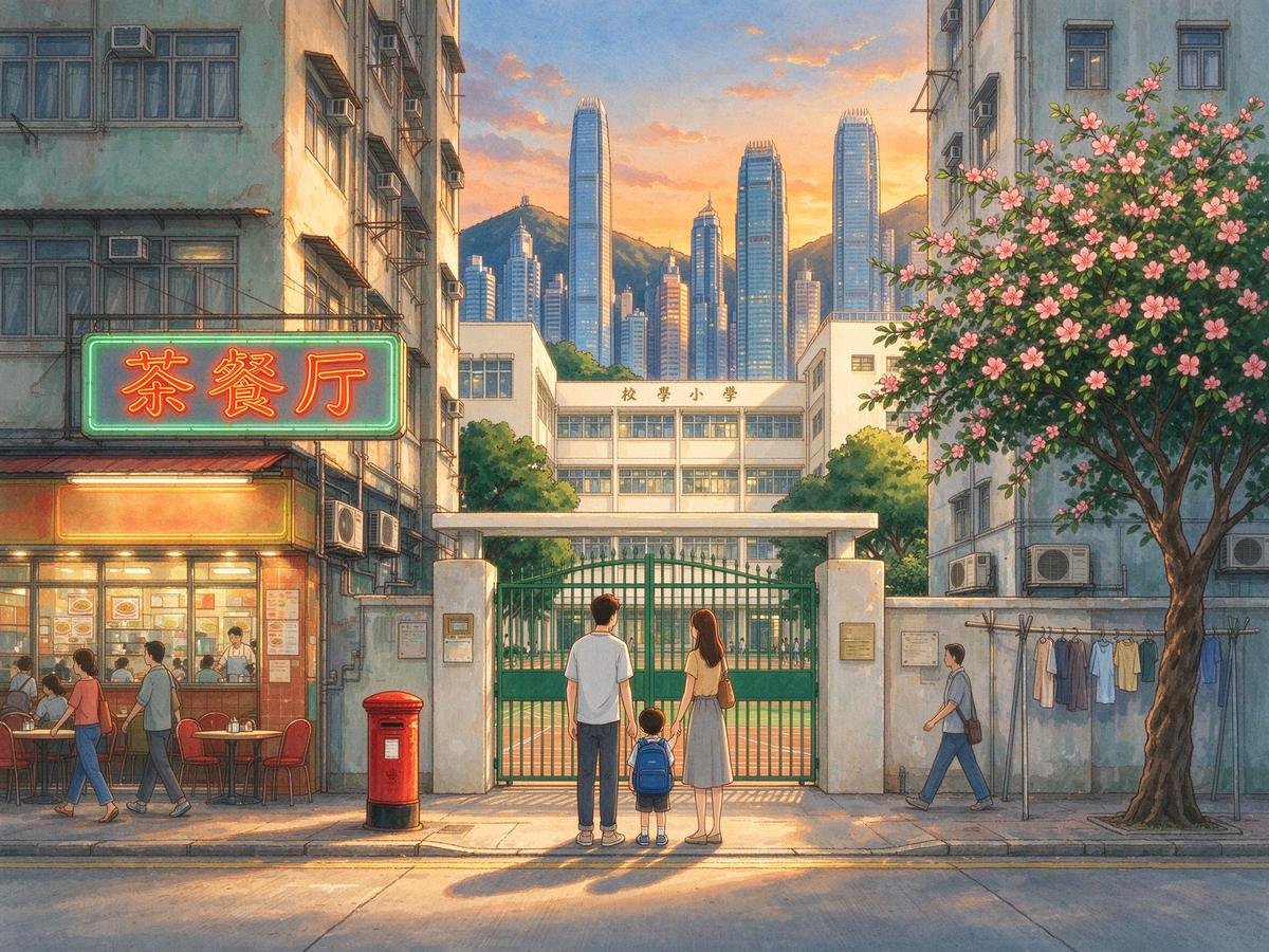 香港九龙城老区街道 家长带孩子看小学校门