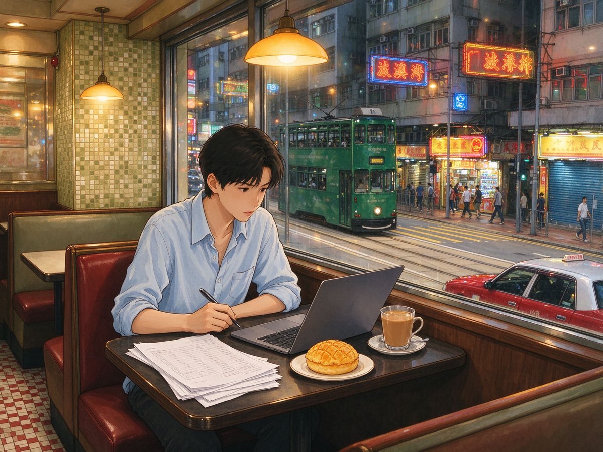 香港茶餐厅内市民填写薪俸税报税表场景插画