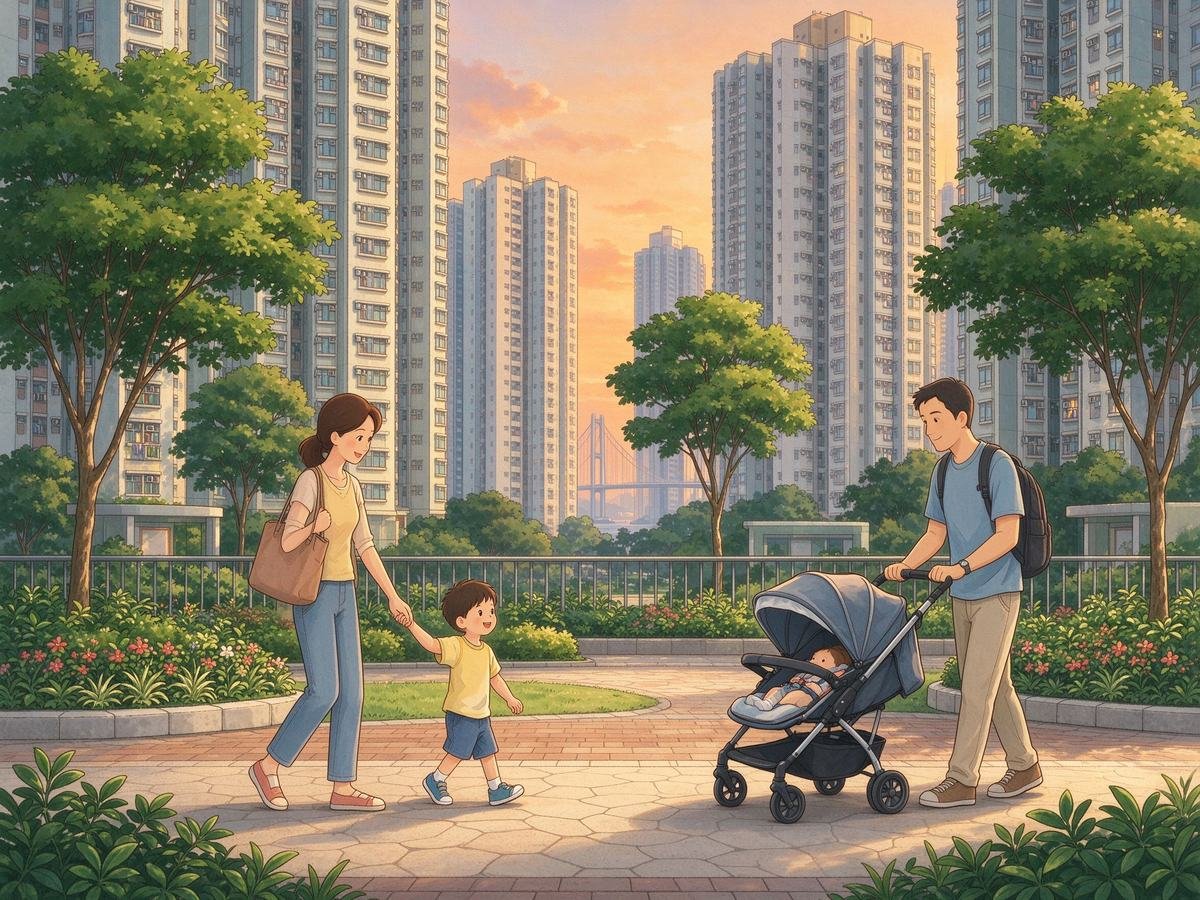 香港屋苑平台花园一家三口散步场景，香港家庭团聚