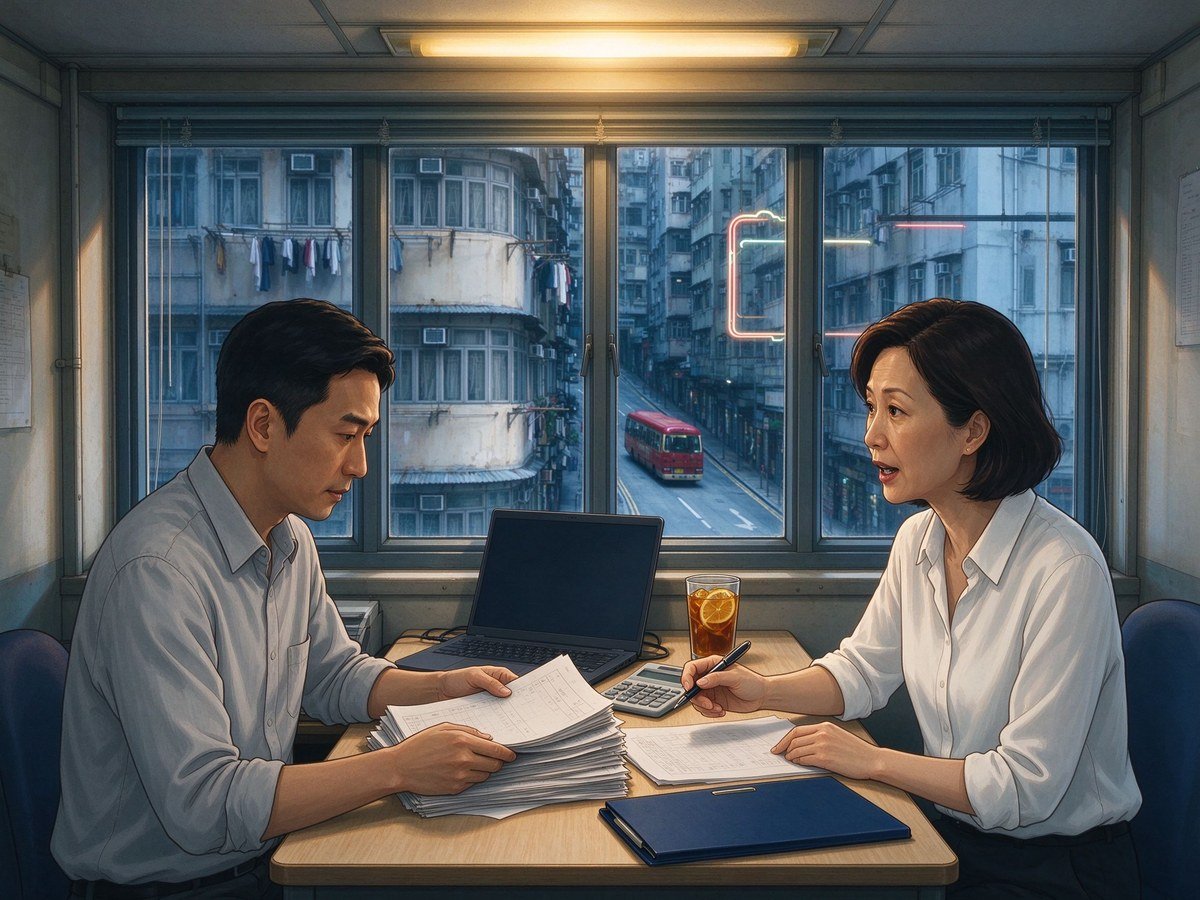 香港旧区小型办公室内创业者与会计师核对账目场景，香港做账审计