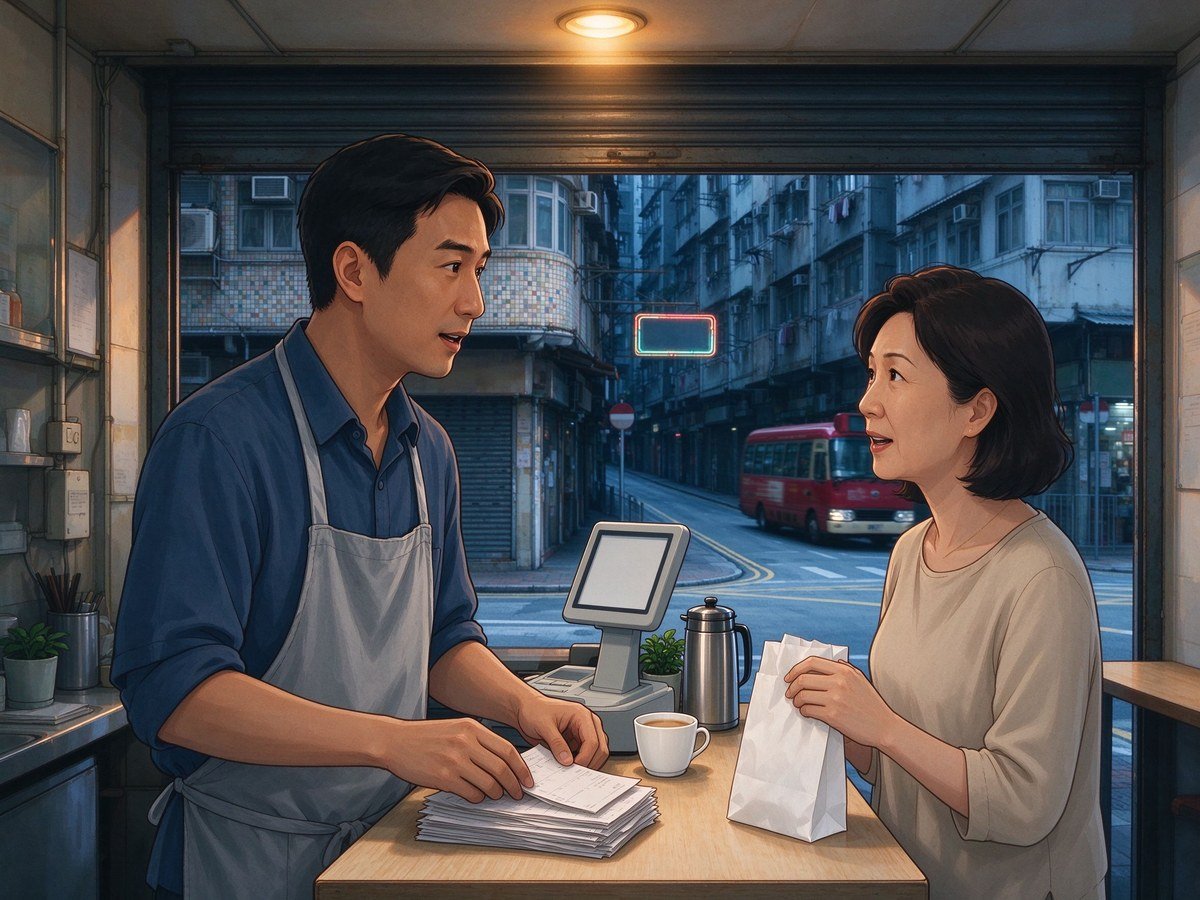 香港旧区街边小店店主整理单据与顾客交谈场景，香港创业开店